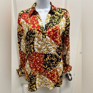 Chico’s Chain Scroll Shirred Yoke LS tunic. Red, gold, black, white.Sz 0 US S